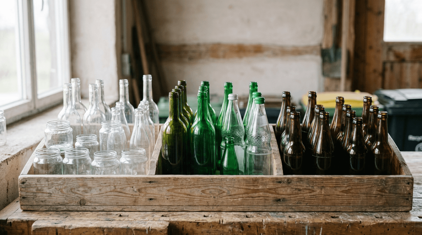 Botellas y frascos de vidrio vacíos para reciclar